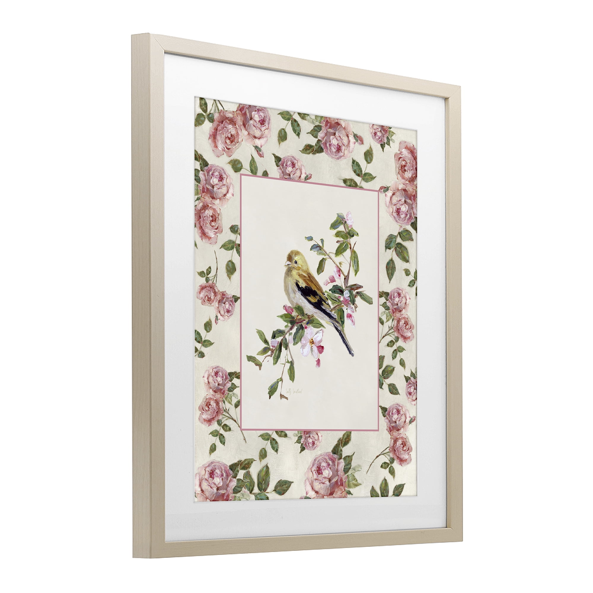Stupell Industries Perched Bird with Dainty Roses Birch Framed Print Under Glass, design by Sally Swatland