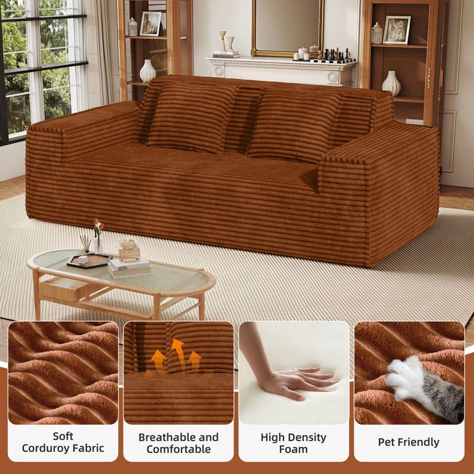 Hawsaiy 75" Corduroy Loveseat Sofa with Wide Armrests & Removable Pillows, No Assembly Foam Couch, Vacuum Packed, High-Density Support,Brown