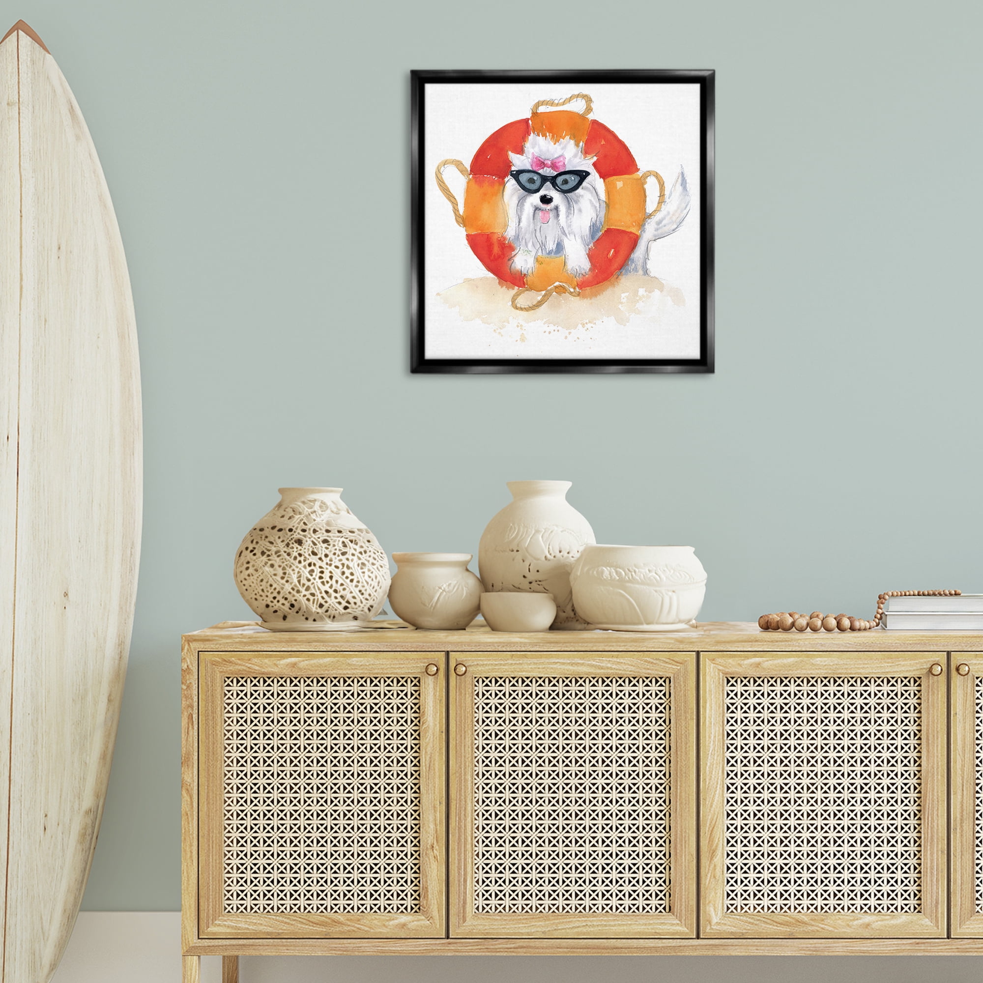 Stupell Industries Sandy Dog in Sunglasses Animals Painting Black Floater Framed Canvas Art Print Wall Art, 25 x 25