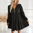 thumbnail image 2 of Yuyuzo Women Dresses Long Sleeve Drawstring Button V Neck Tiered Ruffle Flowy Boho Short Dress Solid Color, 2 of 7
