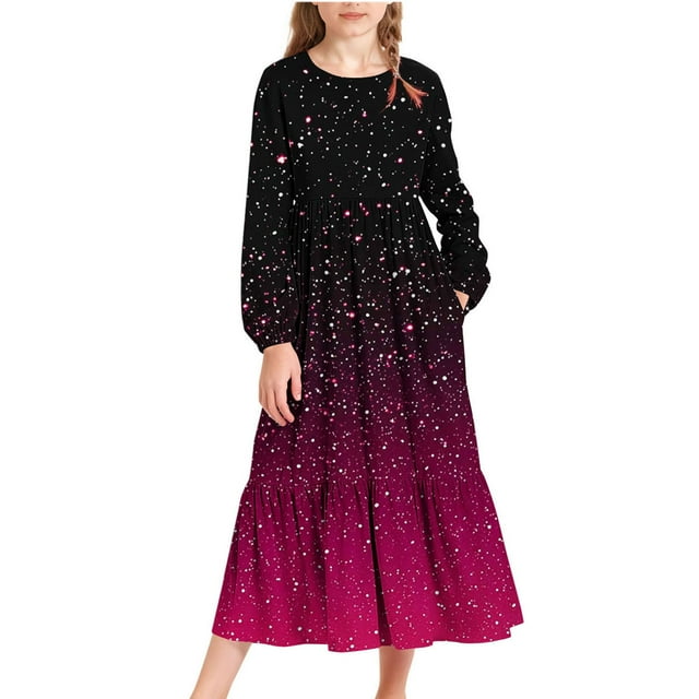 Yanlir Robe à Manches Longues et Col Rond pour Filles avec Poches Latérales, Imprimé Dégradé à la Mode, Robe Maxi Décontractée pour Enfants 4-15 Ans (Rose Vif, 8-9 Ans)