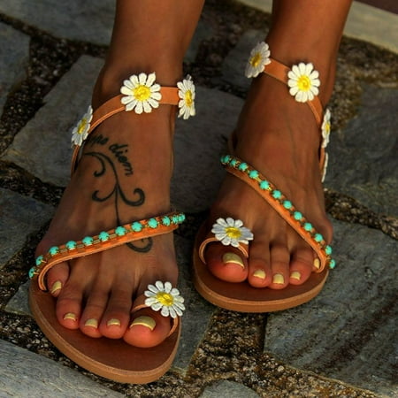 

XIAOFFENN Summer New Style Casual Fashion Flower Women s Slip-on Roman Flat Sandals