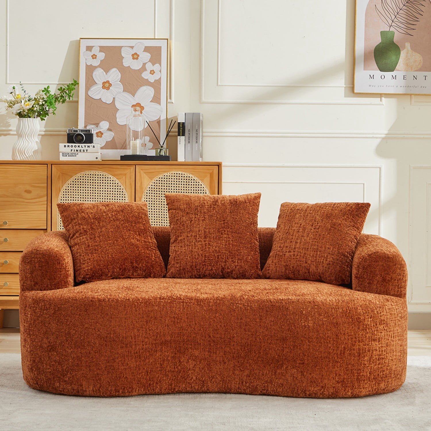 Curved Loveseat Sofa Chenille Upholstered Deep Seat 2 Seater Couch with 3 Pillows No Assembly Required for Apartment Living Room Bedroom, Orange