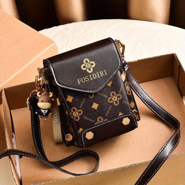 Mini Flap Crossbody Phone Bag, Letter Print Shoulder Bag, Women's Studded Decor Square Purse (4.7*6.7*3.7) Inch