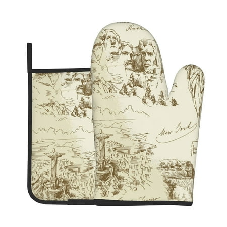 

Jgfou American Monuments Pattern Oven Mitts and Pot Holders Sets Heat Resistant Oven Mittens Soft Lining Extra Thicken Long Kitchen Cotton Oven Glove for Cooking