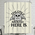 thumbnail image 1 of Whimsical Cream Shower Curtain with Black Winged Ghost - Perfect for Halloween Decor, 1 of 5