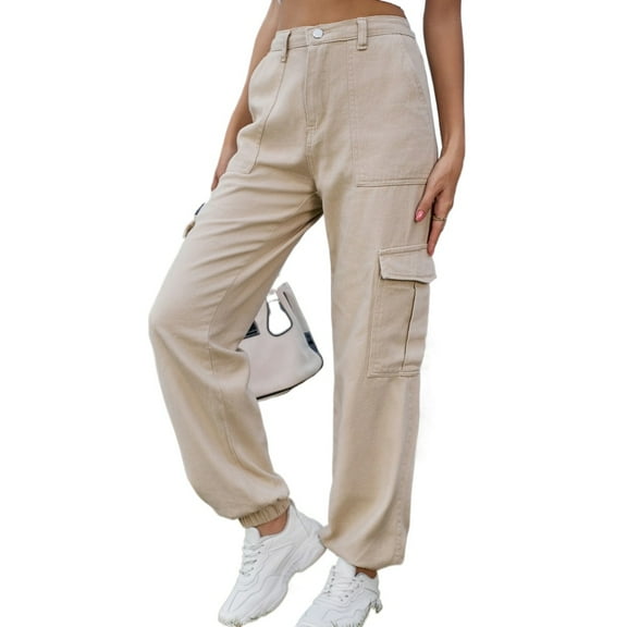 LYMAYTER Womens Washed Pants Spring Fall Solid Color Jeans Pants Womens High Waisted Sweat Trousers S-2XL