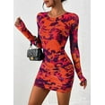 thumbnail image 3 of PRETTYGARDEN Women's Bodycon Mini Dress Tie Dye Print Ruched Mesh Long Sleeve Club Party Short Casual Dresses, 3 of 7