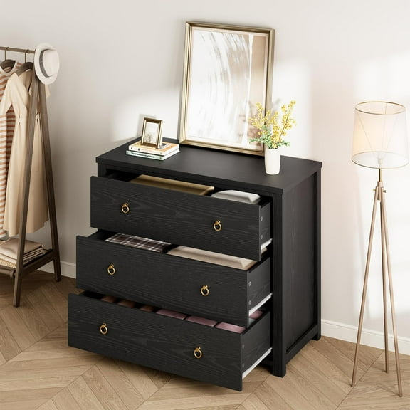 Black Dresser, 3 Drawer Dressers Chest of Drawers, Modern Tall Dresser, Wood Drawer Chest Storage Cabinet for Living Room, Hallway, Entryway, Home Office