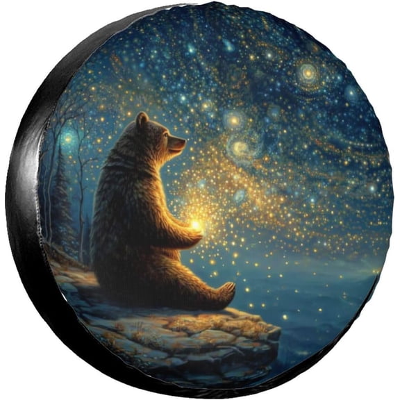 Bear with Fireflies Spare Tire Cover for Rv SUV Truck Camper Trailer,Cute Animal Tire Cover Wheel Covers Universal Fit,14 inch