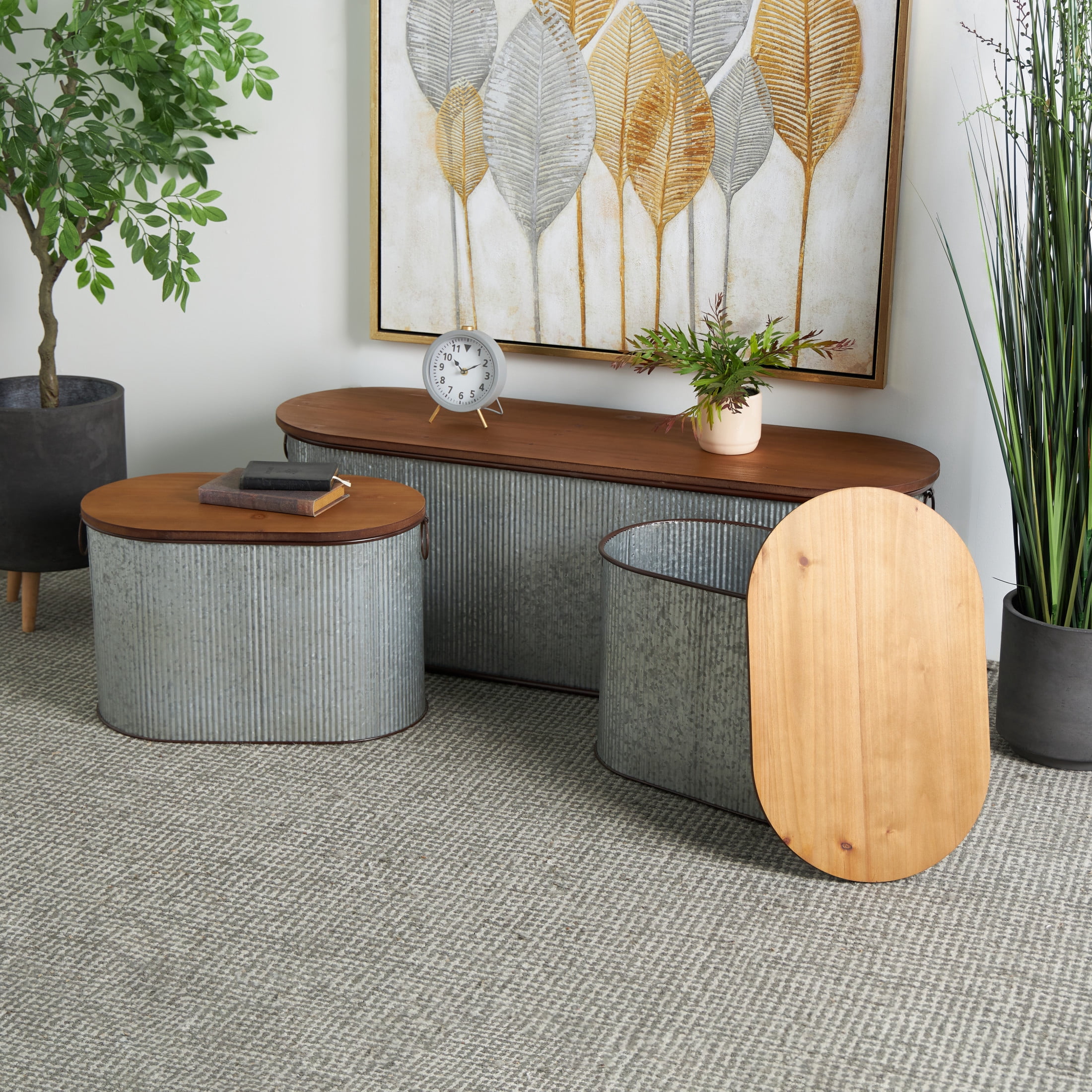 DecMode Metal Storage Bench with Brown Wood Top, Gray, Set of 3