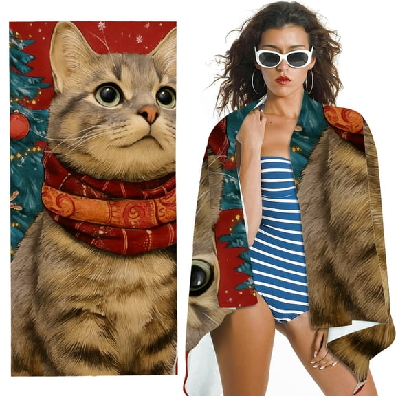 RKSupls Christmas Cat Scarf Microfiber Beach Towel, Extra Large Quick Dry Lightweight Absorbent Towel for Travel Swimming Camping, Soft Super Absorbent- 30x60 in
