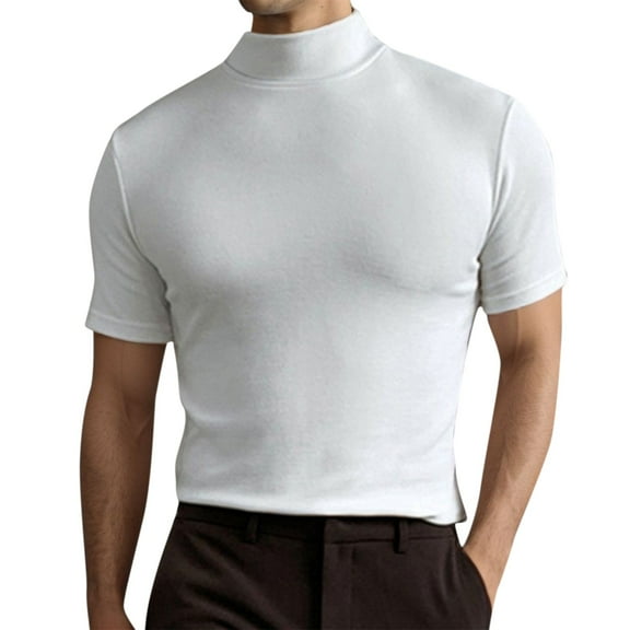FINALGANG Mens Short Sleeve Turtleneck TShirtst Solid Color Slim Fit Stretchy Casual Basic Tees For Gym Workout Daily Layering Wear White XXL