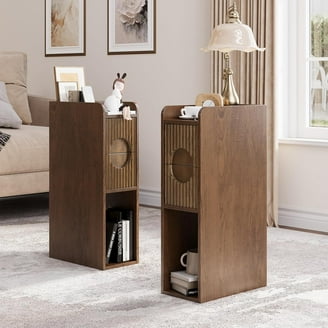 QMHHRJT Narrow Rolling Side Table - 3-Tier Bamboo Table With Drawers, Fluted Glass Top, Wheels For Small Spaces