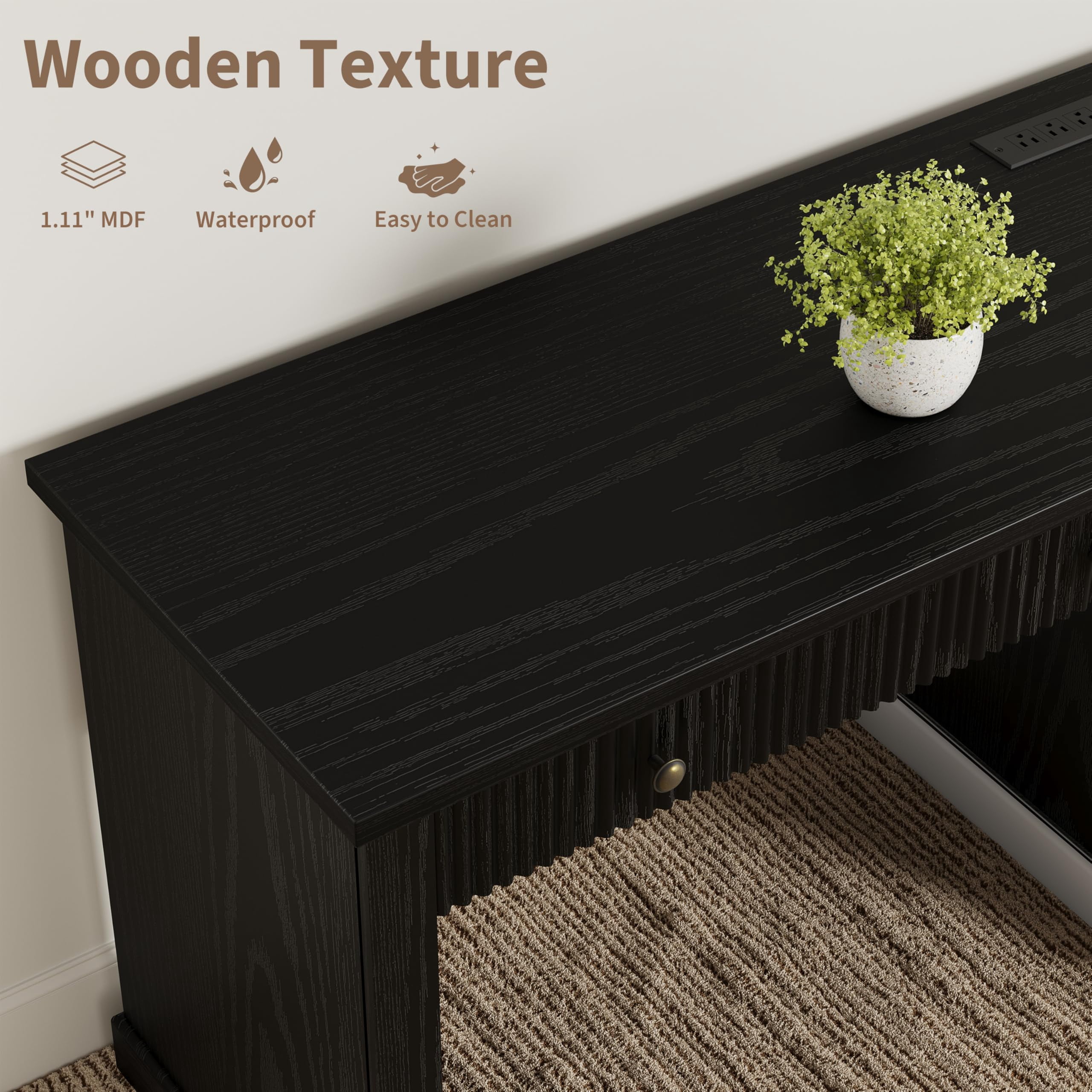 54" W Modern Executive Office Desk with Charging Station & File Drawers, Wooden Computer Desk with Fluted Details, Home Office Storage Desk for Study & Bedroom-Black
