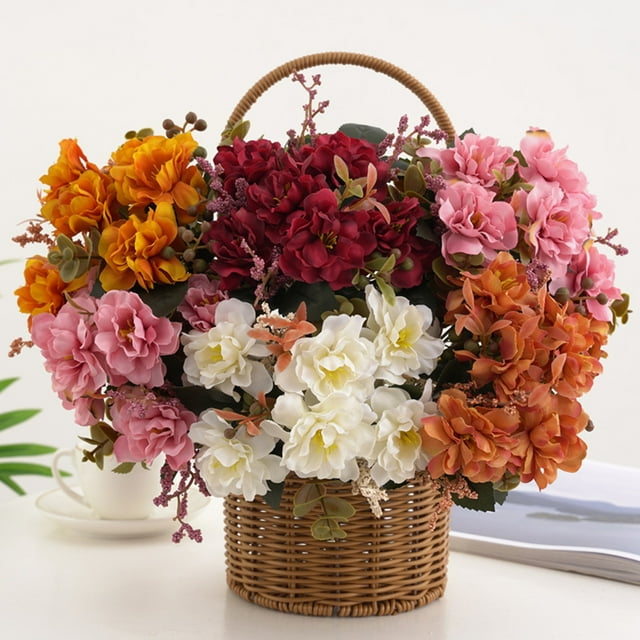 Hesroicy Vibrant Simulated Hibiscus and Cherry Artificial Flowers - Non-Fading, No Watering, and Full of Lifelike Vitality - Perfect for Balcony Decorations with 5 Branches of Exuberant Blossoms