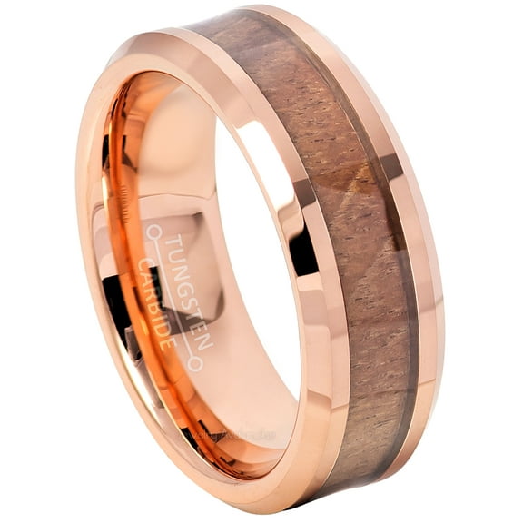 8mm Rose Gold Plated Comfort Fit Tungsten Carbide Ring with Hawaiian Koa Wood Inlay, Beveled Edge Wedding Ring, 2-tone Tungsten Ring - TN739s15