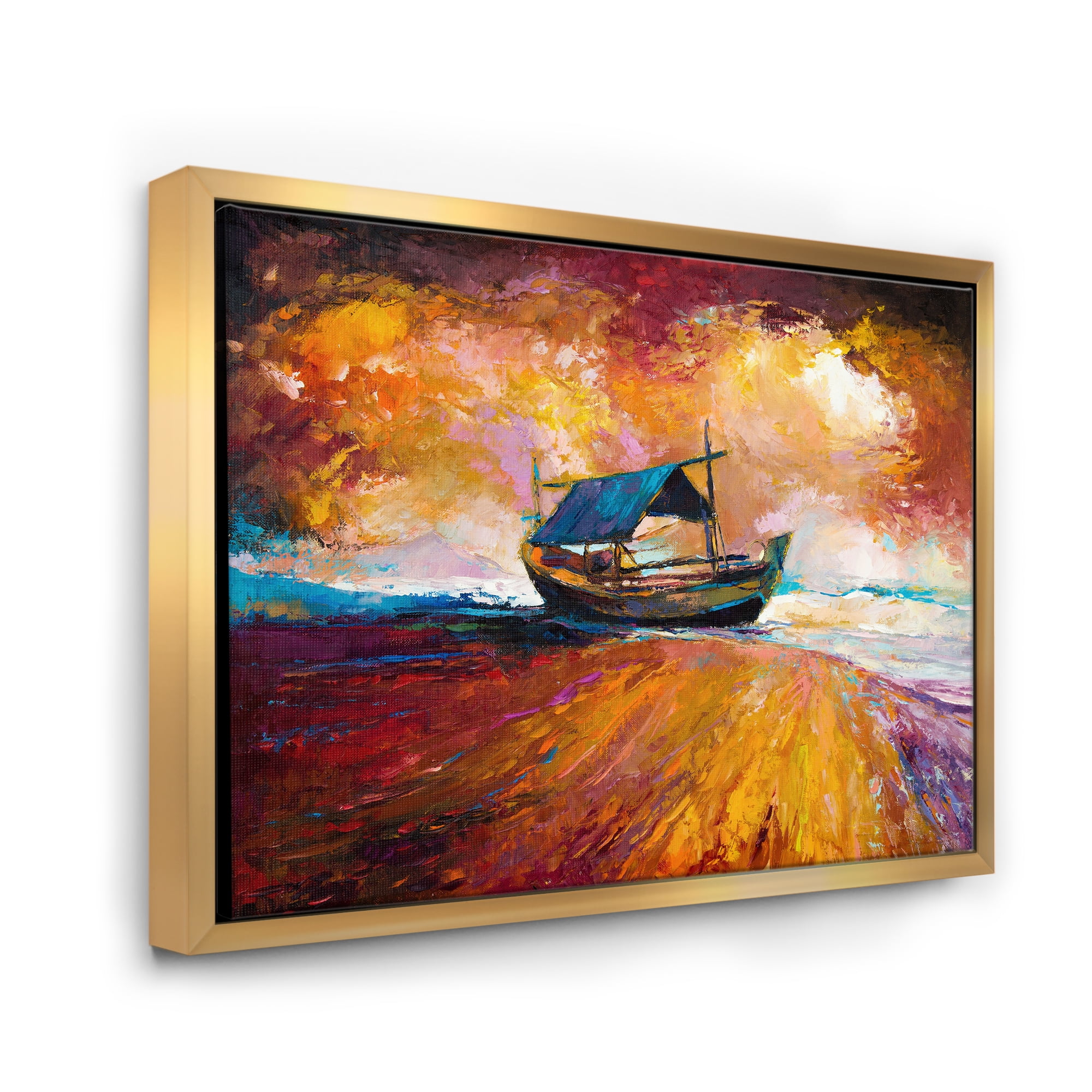 Traditional Fisherboat During Ocean Evening Glow 40 in x 30 in Framed Painting Canvas Art Print, by Designart
