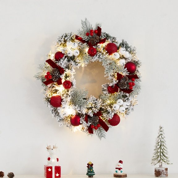 15.75 Inch Winter Wreath for Front Door with Pinecones & Red Berries, Artificial Christmas Wreath with Hanging Ball Ornaments and Bow, Farmhouse Holiday Decor for Indoor Outdoor-1PCS