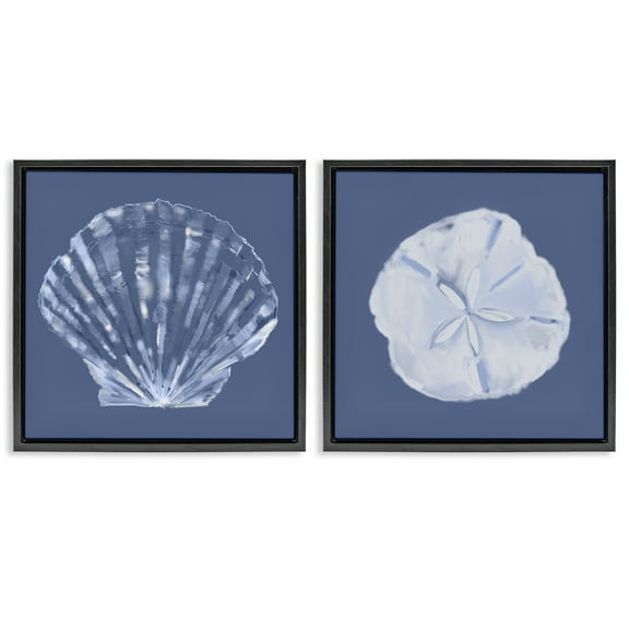 Stupell Industries Denim Sand Dollar & Scallop Nautical & Beach Painting Black Floater Framed Canvas Art Print Wall Art, 18 x 18, Set of 2