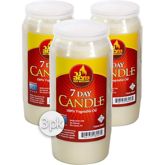 Ner Mitzvah, 7 Day Yartzeit, Memorial, Prayer, Survival Candles in Plastic - White (3 Pack)