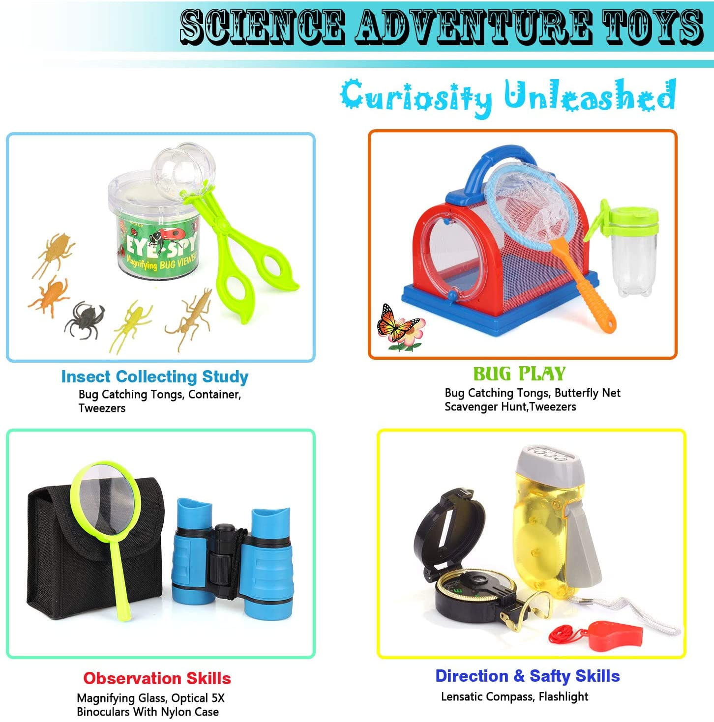Magnifying Glass Bug Containers and Viewers Critter Cage for Boys and Girls Backpack Hat Butterfly Net Binoculars Adventure Kidz Outdoor Bug Exploration Kit 