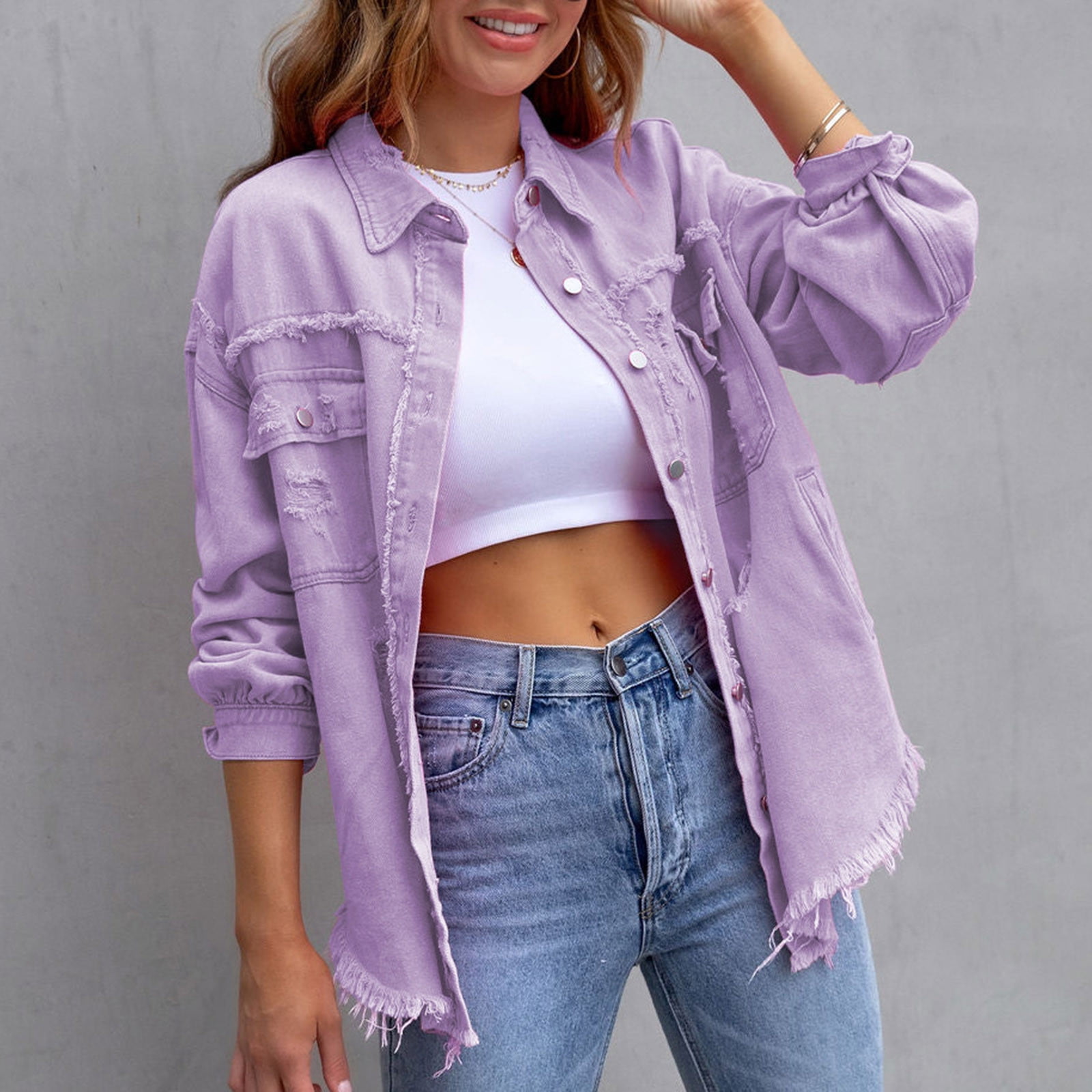 RYRJJ Women's Frayed Denim Jacket Casual Long Sleeve Button Up Boyfriend  Ripped Jean Coat Basic Trucker Jackets with Pockets(Purple,L) 