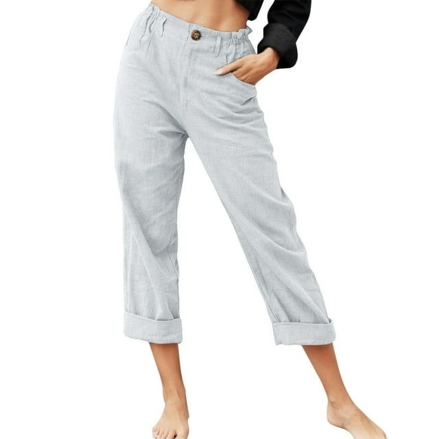 Women's Pants Solid Color Pockets Zipper Elastic Button Waist Pants Long Grey Womens Trousers S