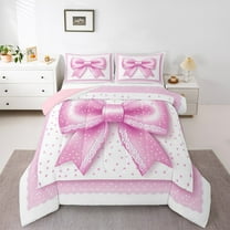 Manfei Cartoon Bow Tie Full Size Comforter Sets,Polka Dot Bedding Comforter Set,Princess Pink Bow Bedding Sets For Teens,Luxury Bedroom Decor Reversible,3-Piece