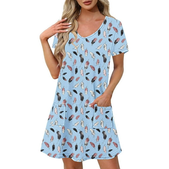 Summer Dress for Women Printed V Neck Short Sleeve Dress Casual Loose Lounge Trendy A Line Dress with Pockets