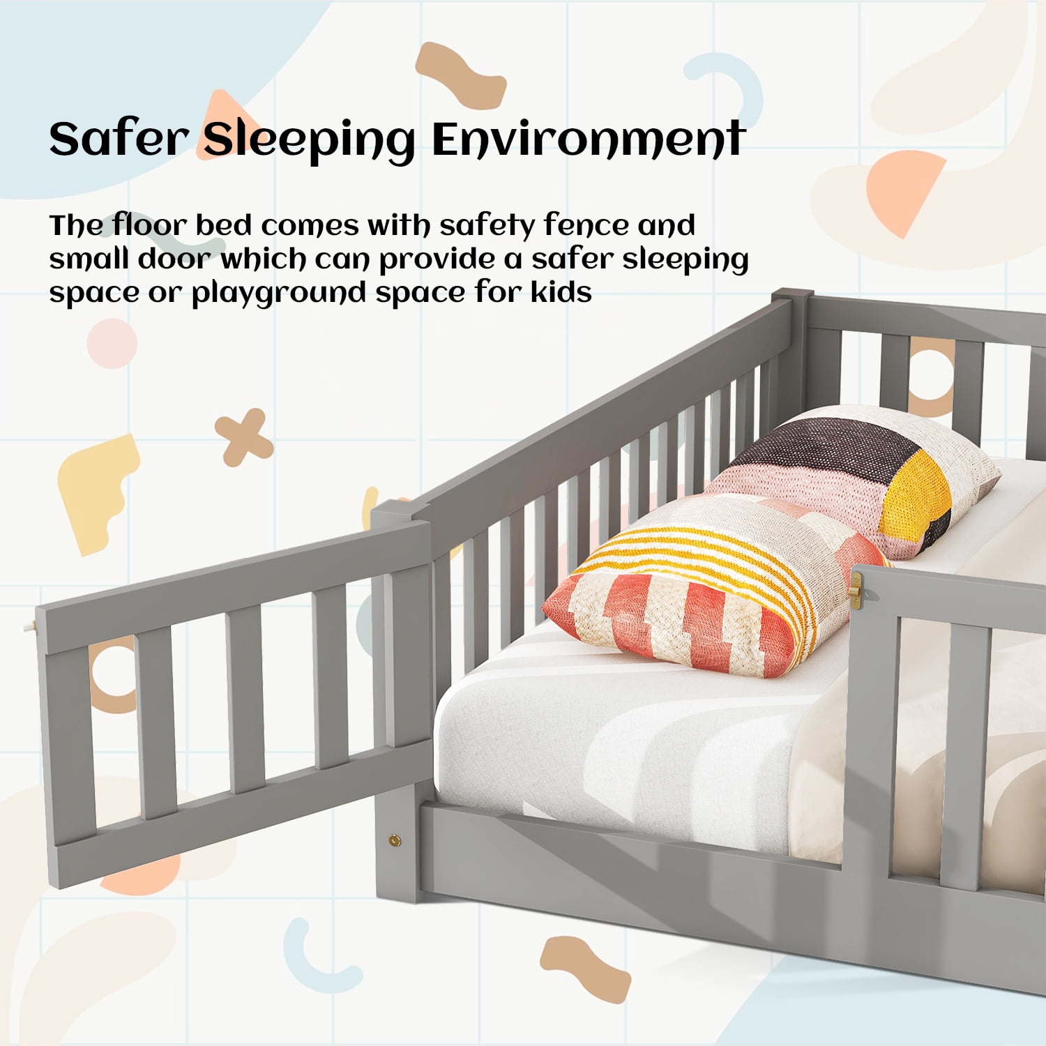 Queen Floor Bed for Children, Sturdy Wood Montessori Bed Frame with Wood Slats, Fence & Door, Montessori Floor Bed for Girls and Boys, Gray