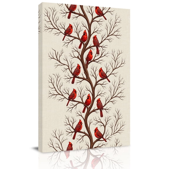 Canvas Wall Art, Red Cardinal Birds Framed Canvas Prints for Kitchen Bedroom, Withered Branches Farmhouse Beige Small Gallery Wrapped Wall Decor for Home Office, Gifts, 8"x12" Ship Next Day