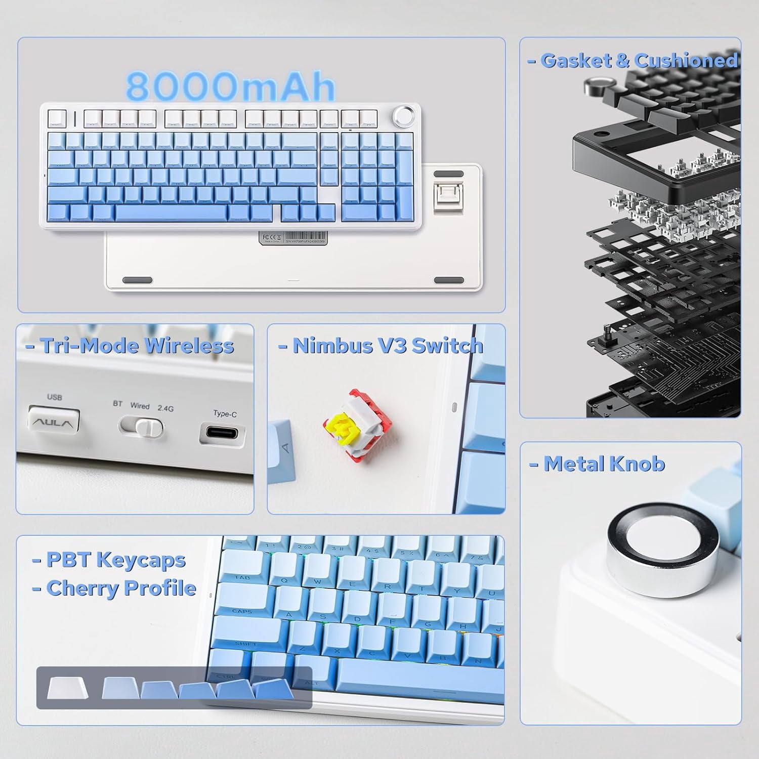 AULA F99 Pro, 99-Key, Wireless, Hot Swappable, Mechanical Gaming Keyboard, RGB, 5-Layer Padding, 8000 mAh Battery, Knob