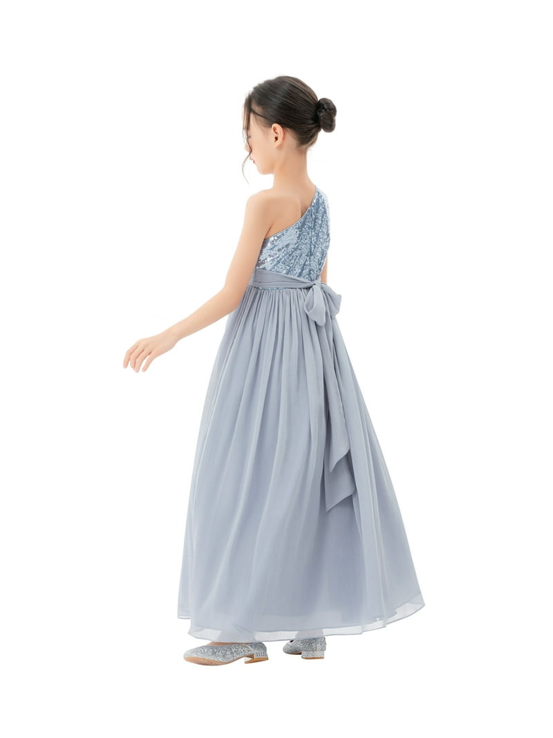 One Shoulder Sequins Chiffon Flower Girl Dress for Photoshoots 328 Dusty Blue / 12