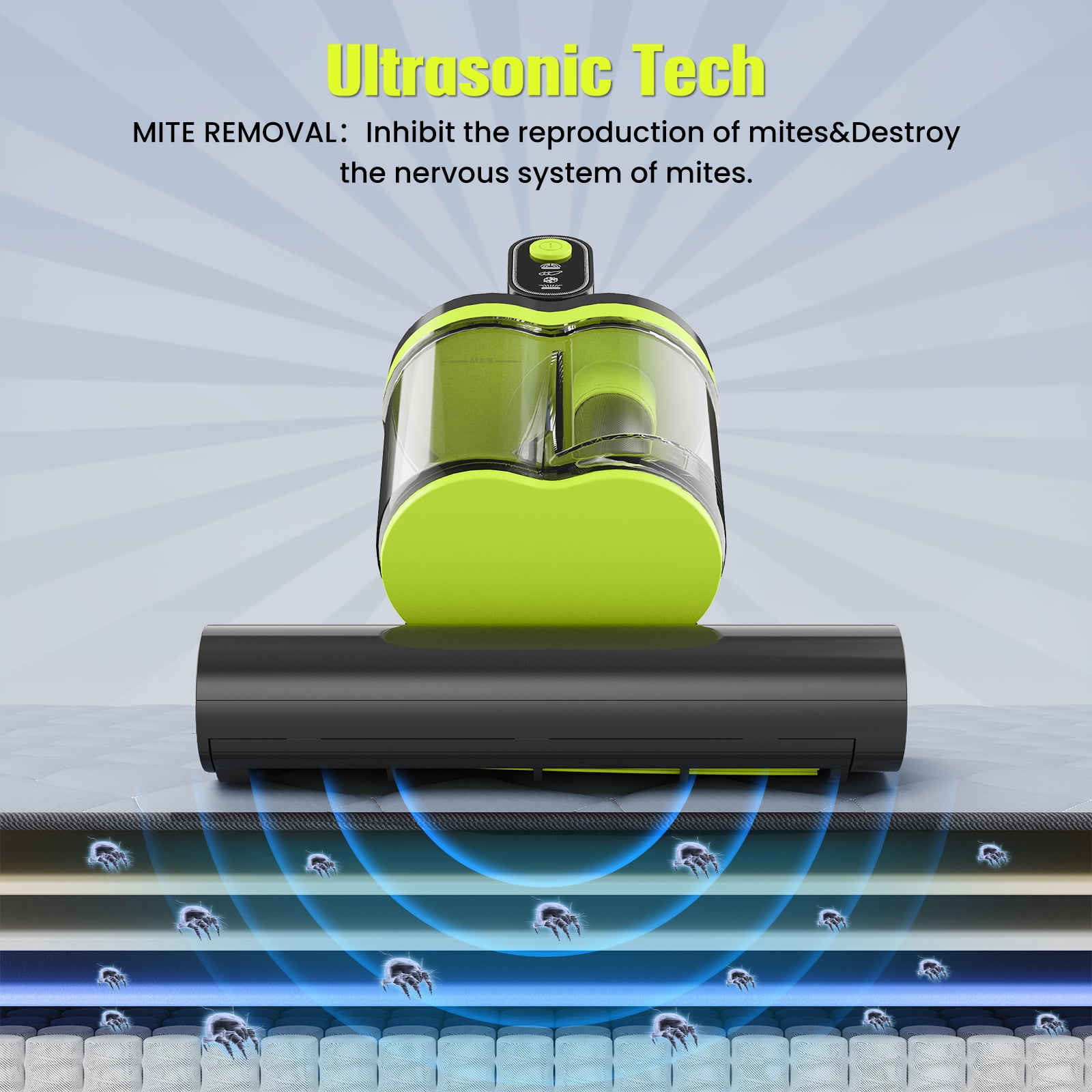 Mattress Vacuum Cleaner, 15Kpa Powerful Suction Bed Vacuum Cleaner with 273nm UV-C Lamp, 140°F Heating Function, Ultrasonic High Impact, with HEPA Filter