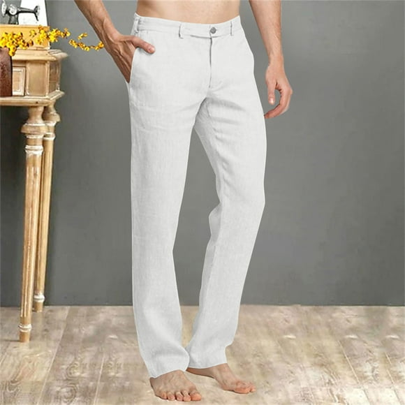 Mceream Suit Pants for Men Relaxed Fit Expandable Waist Straight Leg Cotton Linen Trousers Summer Casual Business Dress Pant Pantalones De Hombre De Trabajo White M
