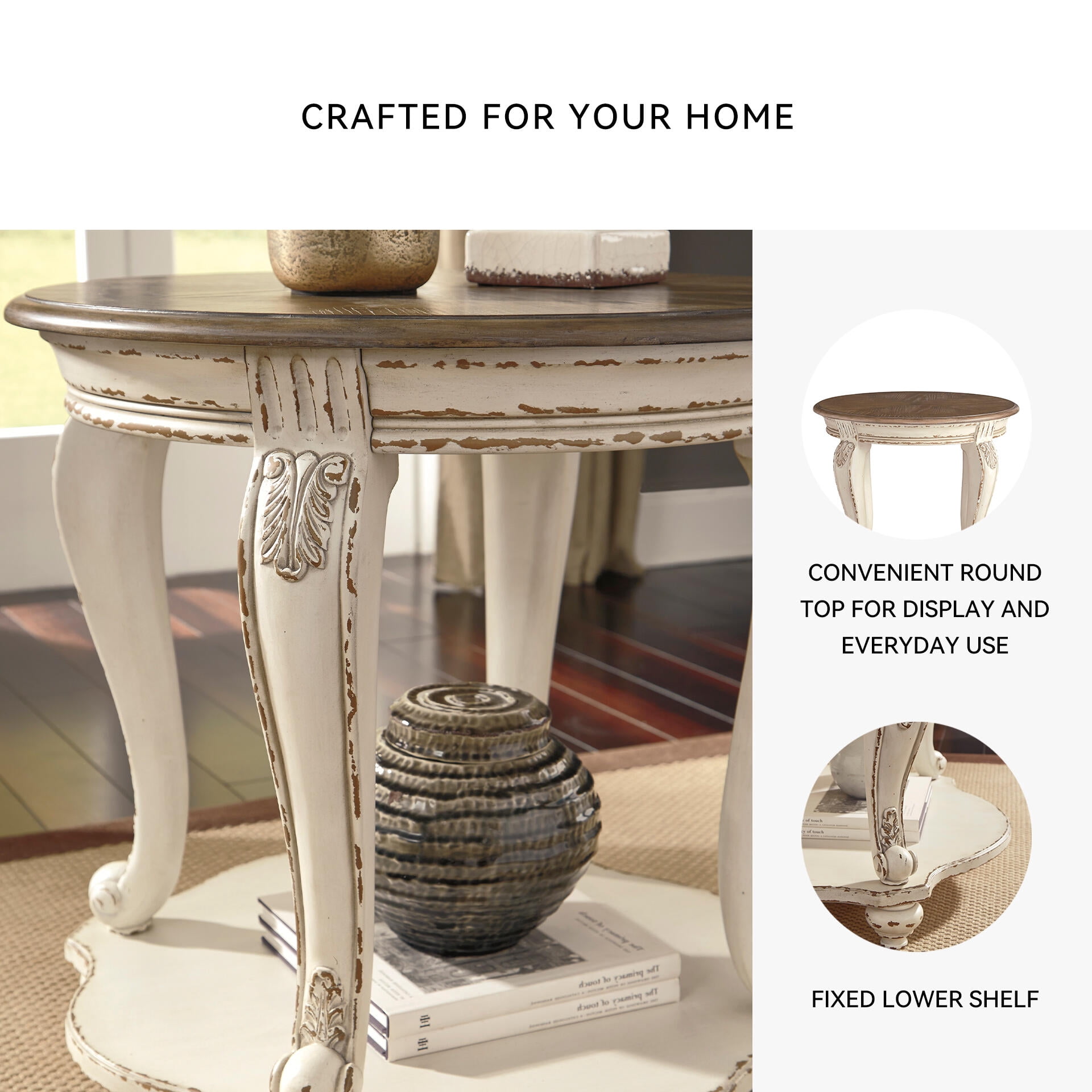 Signature Design by Ashley Realyn End Table, White and Brown Two-Tone Farmhouse Side Table with Fixed Lower Shelf