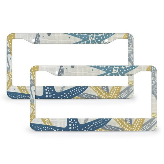 2 PCS Blue, Yellow And Gray Starfish License Plate Frame Beach Starfish License Plate Cover Front Plates Frames Car Tag Frame Quality Aluminum Metal 2 Holes Car Accessories US Canada Standard