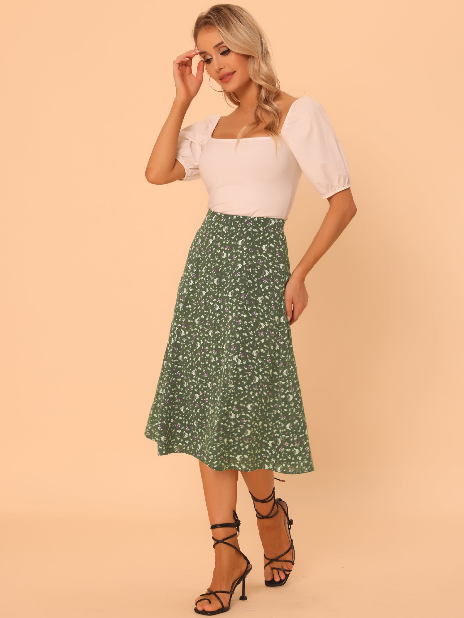 DARING DIVA Women's Elastic Waist A-Line Floral Print Midi Skirt XL Army Green