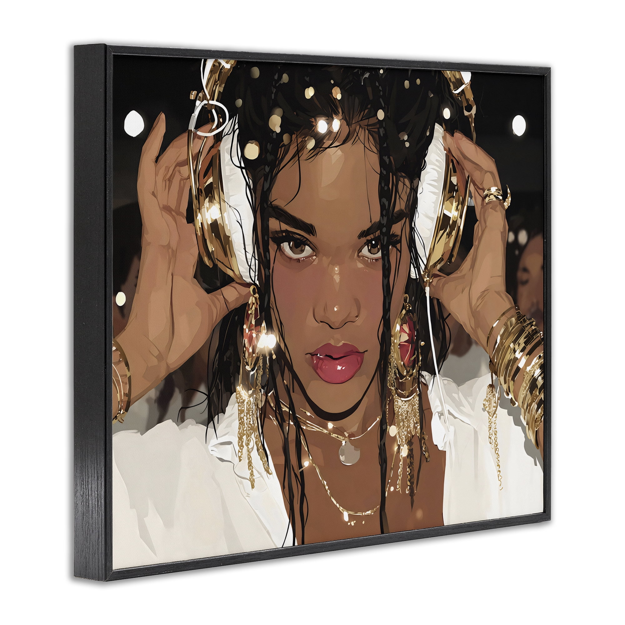 Stupell Industries Gold Headphones Glam Female Black Framed Giclee Art, design by Franklyn Gregory