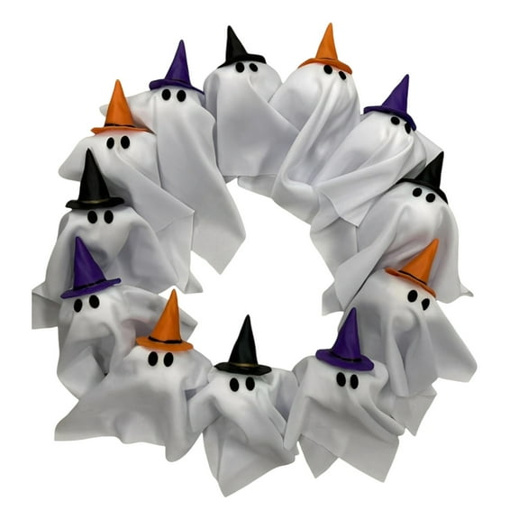 Halloween Ghost Wreath, Light-Up White Ghost Garland, Spooky Indoor & Outdoor Hanging Decoration for Front Door, Wall, Party, Battery-Powered Halloween Decor
