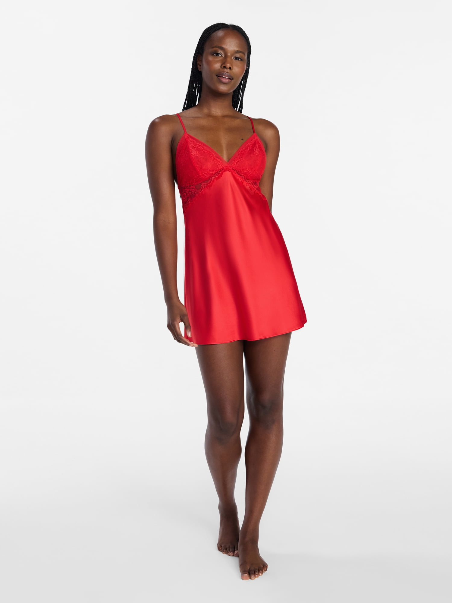 Joyspun Women’s Lace Trim Satin Valentine's Day Chemise, Sizes S-3X