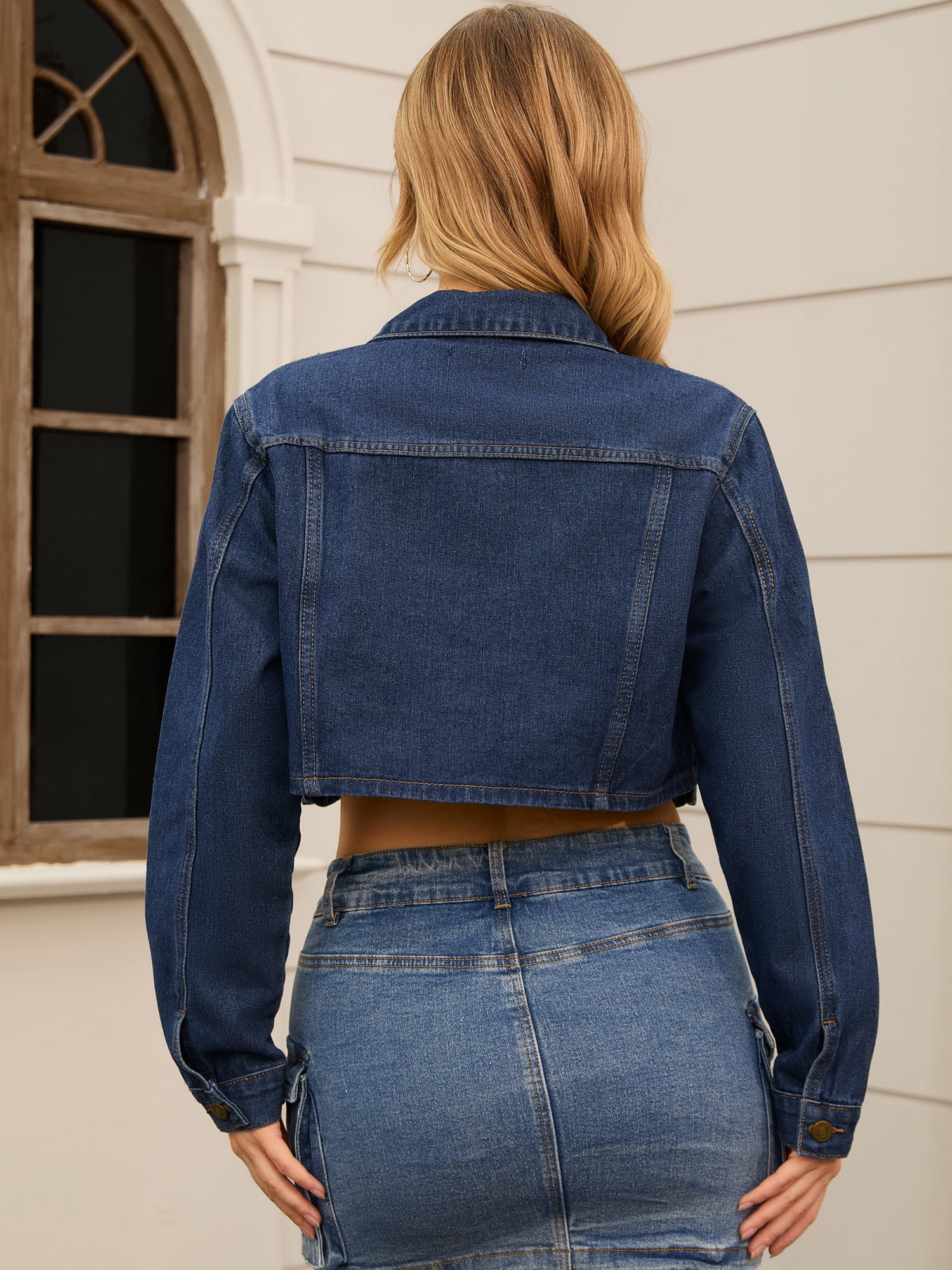DARING DIVA Women's Button Down Cargo Washed Jean Jackets L Dark Blue