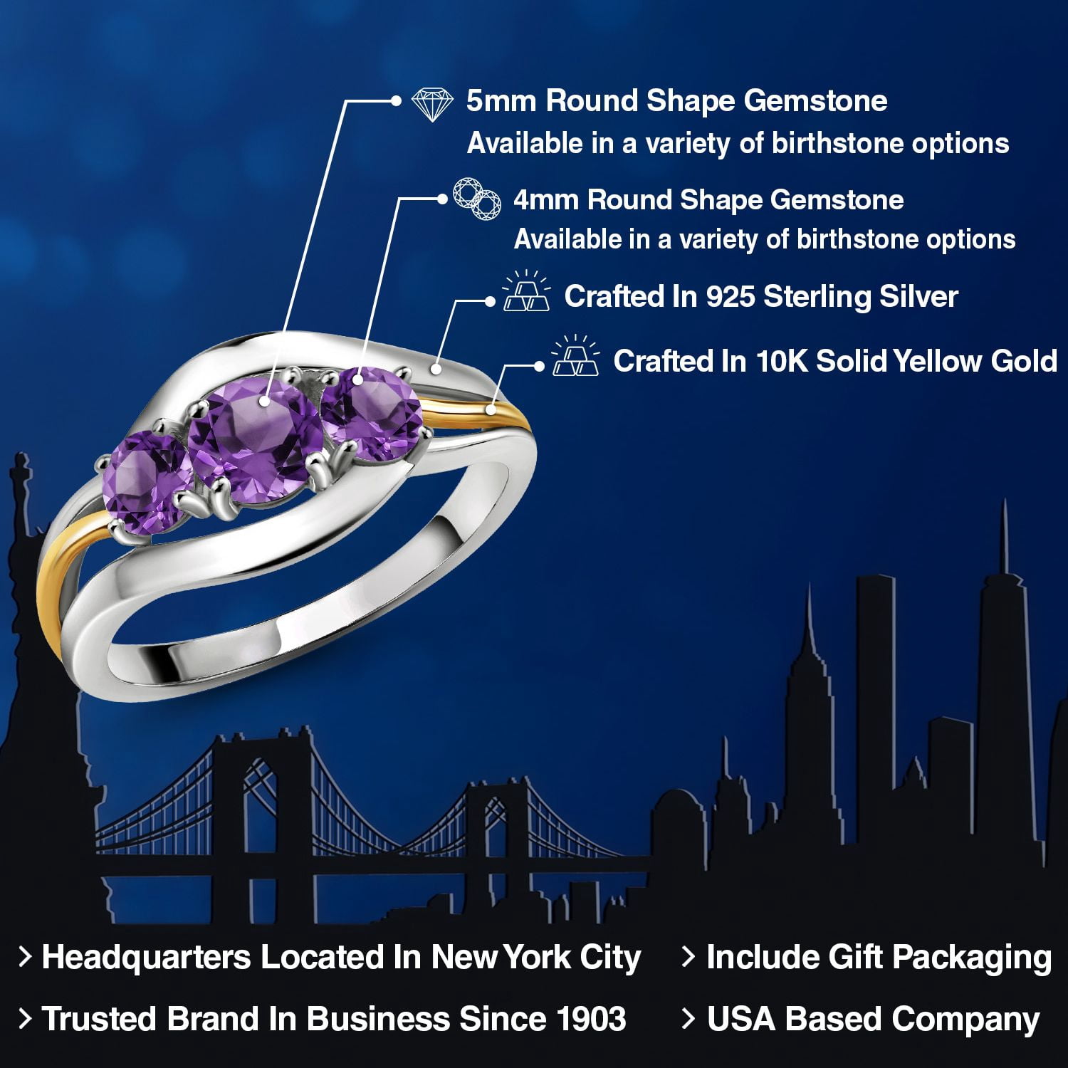 Gem Stone King Purple Amethyst 3 Stone Ring for Women | 925 Sterling Silver and 10K Yellow Gold | 0.98 Cttw | Round 5MM and 4MM | Wedding Engagement Anniversary Promise Ring for Women | Size 7
