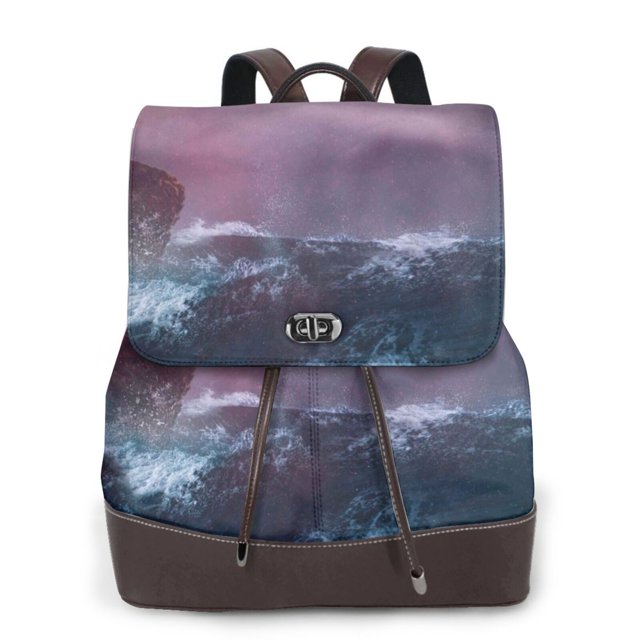 Easygdp lighthouse Waves Torrential Rain Mochila de Cuero para Mujeres, Bolso de Hombro, Bolsos de Mano de Moda para Trabajo y Viajes