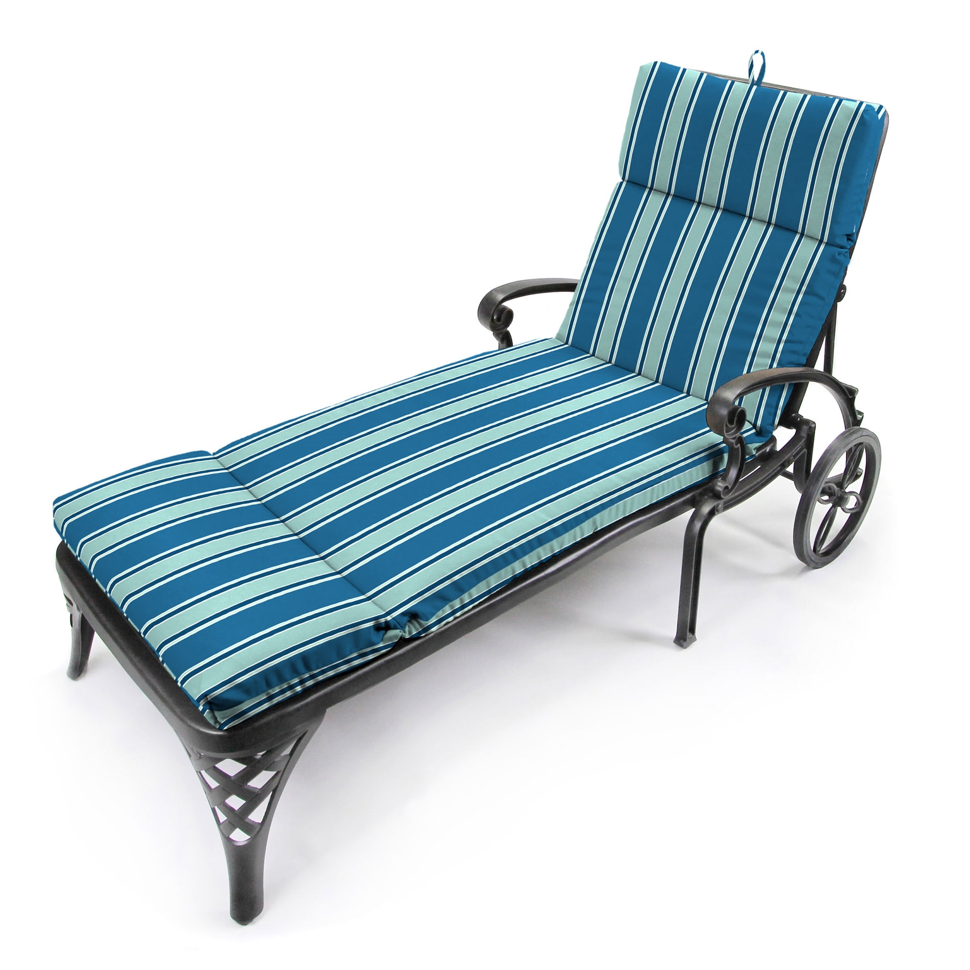 Jordan Manufacturing 72" x 22" Sanders Puff Blue and Gray Green Stripe Rectangular Outdoor Chaise Lounge Cushion with Ties and Hanger Loop