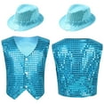 thumbnail image 5 of Doomiva Boys Girls Sequins Vest Hip Hop Jazz Modern Dance Top Waistcoat Jacket Performance Party Costume with Hat Light Blue 11-12, 5 of 6
