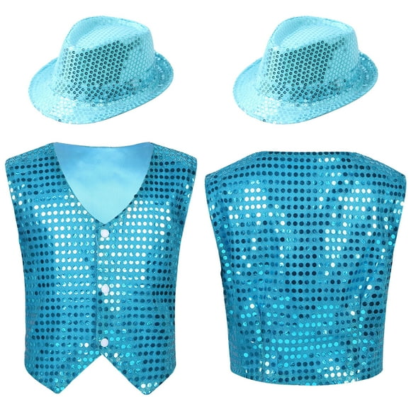 Doomiva Kids Boys Girls Party Vest Waistcoat Hip-hop Jazz Dance Tops Modern Dancewear Sequined Jacket Shirt Light Blue 150