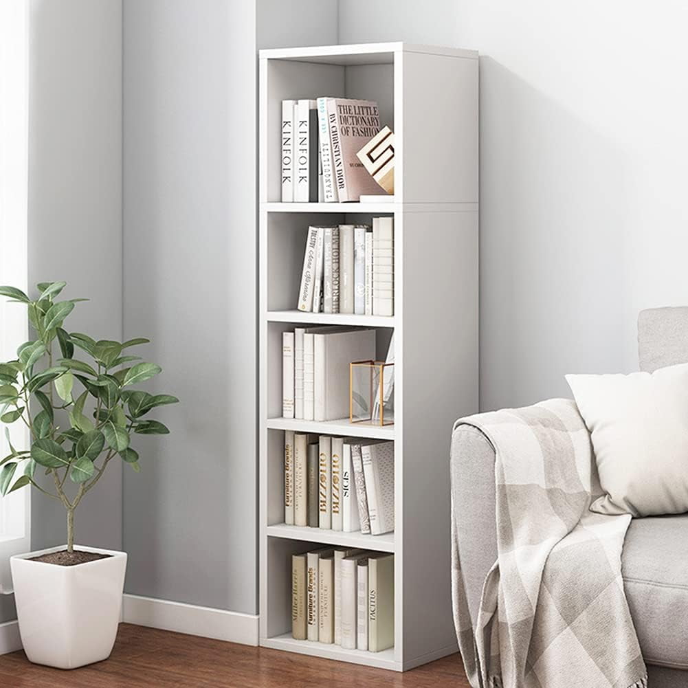 Small Narrow Corner Bookcase - 47 Tall Gap Storage Cabinet White | Modern Minimalist Style MDF Material Adjustable Shelves 5 Cubes Open Bookshelf Floor Tower Rack Space-Saving Organizer