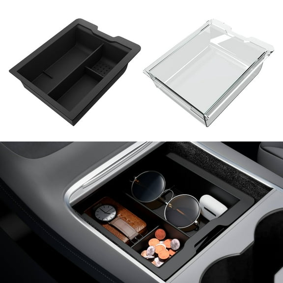 Wigoo 2024 Upgrade Accessories Tesla Model Y/3 Console Tray [Partitioned Storage, Easy to Clean] Work with Hub & USB, for Model Y(2021-2024) Model 3(2021-2023) - Dual Layer Obsidian Series C51